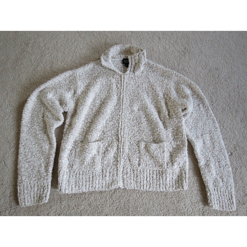 Eileen Fisher Gray White Knit Fuzzy Fleece Full Zip Sweater Medium